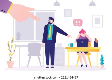Business people lay the blame at someone. Relationships in team, office work, hierarchy and subordination. Toxic team atmosphere. Blame, slander, responsibility, business concept. Vector illustration