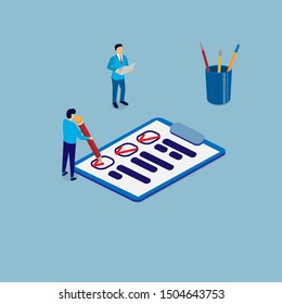 Business people leave notes in a notebook. Training. Performance of tasks. Vector illustration