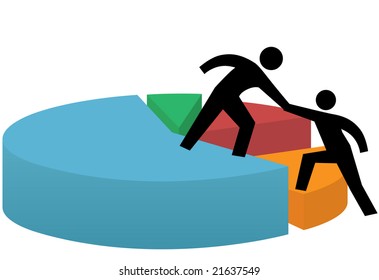 Business people lend and get a helping hand lift to success on a financial pie chart.