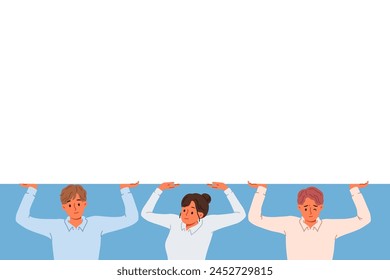 Business people lifting heavy load together with copy space above heads to achieve synergistic effect. Male and female office employees arranged collaboration and synergy to carry out work processes