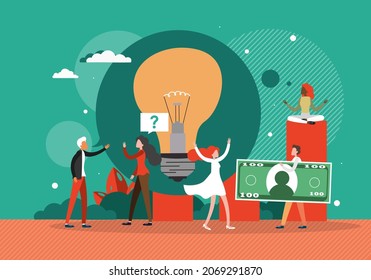 Business people with light bulb and money investing in new innovation idea, project startup, flat vector illustration.