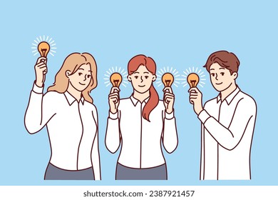 Business people with light bulbs symbolizing brainstorming to find new ideas to help solve corporate problems. Man and women office employees of marketing company participate in brainstorming session