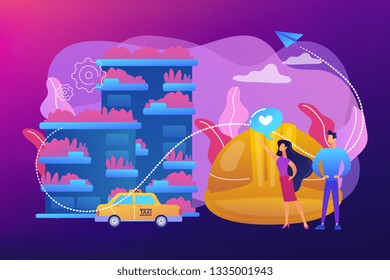 Business people like ecologic building with plants on balconies. Vertical green city, pollution fighting building, space-saving eco solution concept. Bright vibrant violet vector isolated illustration