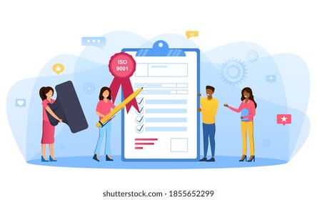 Business people like standard for quality control. Quality control standart abstract concept. ISO 9001 international certification concept. Cartoon flat vector illustration with diverse characters