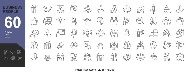 Business People Line Editable Icons set. Vector illustration in modern thin line style of business related icons: research, meeting,  business communication, male and female avatars, team structure.