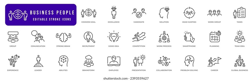 Business people line icon set. Process, team work and human resource management. Editable stroke