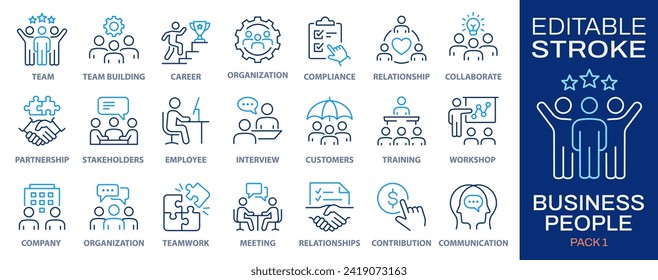 Business people line icons. Collection of team, leadership, workshop, employee, career and more. Vector illustration. Editable stroke.