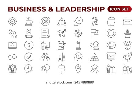 Business people line icons collection. Teamwork, goal, education, skills, career icons. UI icon set. Thin outline pack.management, administration, supervision, leadership, business. Outline icon set.