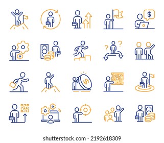 Business people line icons. Leadership flag, person skill and maze labyrinth set. Goal flag, management strategy and human skill line icons. Business leadership, social target, collaboration. Vector