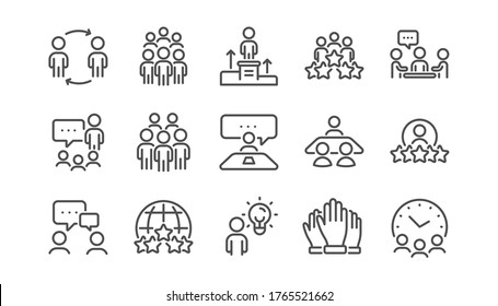 Business people line icons set. Meeting, job structure, team. Group people, communication, member icons. Congress, talk person, partnership. Job interview, business idea, voting. Linear set. Vector
