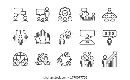 Business people line icons set. Meeting, job structure, team. Group people, communication, member icons. Congress, talk person, partnership. Job interview, business idea, voting. Linear set. Vector