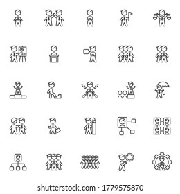 Business people line icons set. linear style symbols collection, outline signs pack. vector graphics. Set includes icons as businessman with tie, partnership handshake, team leader, people group