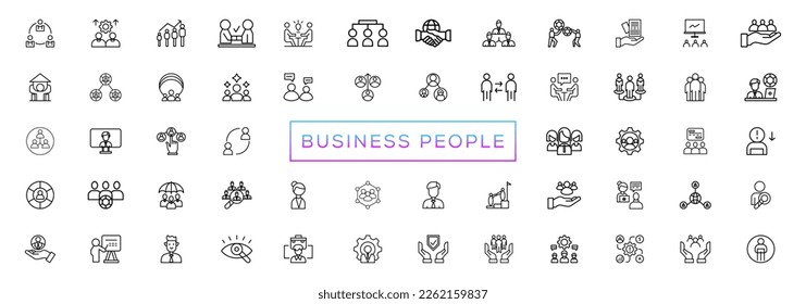 Business people line icons set. Businessman outline icons collection. Teamwork, human resources, meeting, partnership, meeting, work group, success, resume