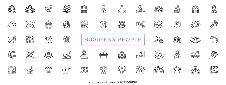 Business people line icons set. Businessman outline icons collection. Teamwork, human resources, meeting, partnership, meeting, work group, success, resume