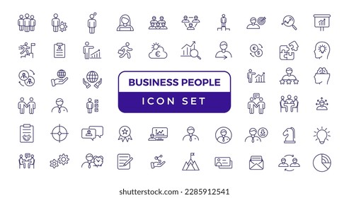 Business people line icons set. Businessman outline icons collection. Teamwork, human resources, meeting, partnership, meeting, work group, success, resume - stock vector.