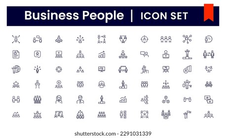 Business people line icons set. Businessman outline icons collection. Teamwork, human resources, meeting, partnership, meeting, work group, success, resume - stock vector. 
