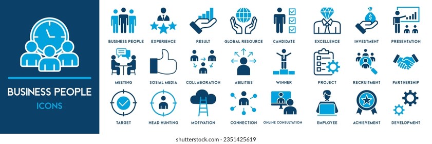 Conjunto de iconos de línea de gente de negocios. Colección de iconos de esquema de Businessman. Trabajo en equipo, recursos humanos, reunión, asociación, reunión, grupo de trabajo, éxito, reanudación