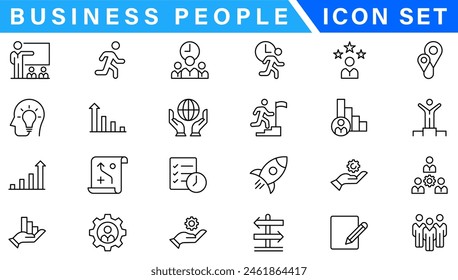 Business people line icons set. Businessman outline icons collection. Teamwork, human resources, meeting, partnership, meeting, work group, success, resume - stock 