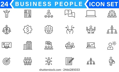 Business people line icons set. Businessman outline icons collection. Teamwork, human resources, meeting, partnership, meeting, work group, success, resume - stock vector.