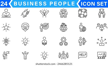 Business people line icons set. Businessman outline icons collection. Teamwork, human resources, meeting, partnership, meeting, work group, success, resume - stock vector.