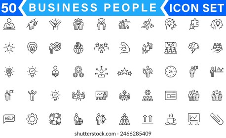 Business people line icons set. Businessman outline icons collection. Teamwork, human resources, meeting, partnership, meeting, work group, success, resume - stock vector.