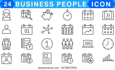Business people line icons set. Businessman outline icons collection. Teamwork, human resources, meeting, partnership, meeting, work group, success, resume - stock vector.