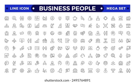 Business people line icons set. Businessman outline icons collection. Teamwork, human resources, meeting, partnership, meeting, work group, success, resume.
