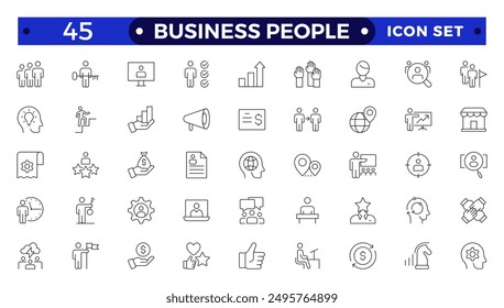 Business people line icons set. Businessman outline icons collection. Teamwork, human resources, meeting, partnership, meeting, work group, success, resume.
