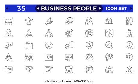 Business people line icons set. Businessman outline icons collection. Teamwork, human resources, meeting, partnership, meeting, work group, success, resume.
