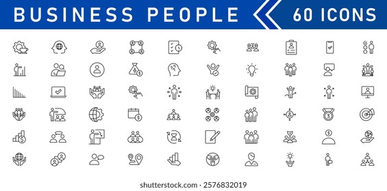 Business people line icons set. Teamwork, human resources, meeting, partnership, workgroup, success, leadership. Editable outline icon.