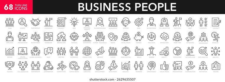 Conjunto de ícones de linha de pessoas de negócios. Coleção de ícones da estrutura de tópicos do BusinessMan. Trabalho em equipe, recursos humanos, reunião, parceria, reunião, grupo de trabalho, sucesso, currículo - vetor de estoque.