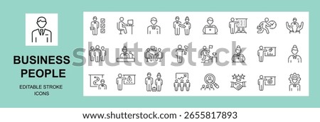 Business people line icons set. Businessman and businesswoman outline icons collection. Teamwork, human resources, employee, meeting, cooperation, strategy, Team. Editable stroke, Vector Illustrations