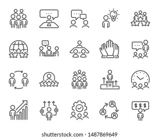 Business People Line Icons. Team, Meeting, Job Structure. Group People, Communication, Member Icons. Congress, Talk Person, Partnership. Job Interview, Business Idea, Voting. Vector