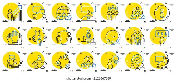 Business people line icons. Team, meeting, job structure. Group people, communication, member icons. Congress, talk person, partnership. Job interview, business idea, voting. Vector