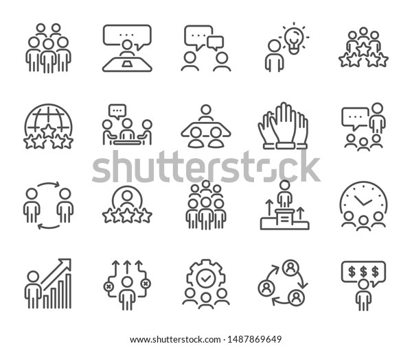 Business\
people line icons. Team, meeting, job structure. Group people,\
communication, member icons. Congress, talk person, partnership.\
Job interview, business idea, voting.\
Vector