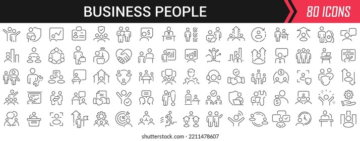 Business people linear icons in black. Big UI icons collection in a flat design. Thin outline signs pack. Big set of icons for design