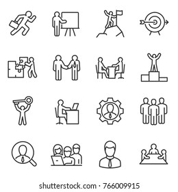 Business and people linear icons set. Work and success. Line with editable stroke