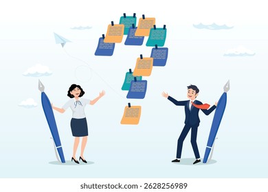 Business people listing question mark sticky note, Ask question, listing problem to gather solution idea, faq or questionnaire, uncertainty, doubt or clarification, curiosity, solving problem concept