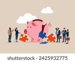 Business people look at collapsing piggy bank with puzzle. Investment failure. Flat vector illustration