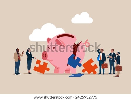 Business people look at collapsing piggy bank with puzzle. Investment failure. Flat vector illustration