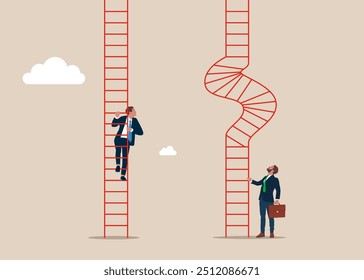 Business people look at ladder. Obstacle Business concept. Difficult career growth, people will climb easy and difficult career ladders. Flat style vector illustration.