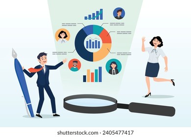 Las personas de negocios observan ampliar la gráfica y la gráfica de datos de mercado, la investigación de mercado, la investigación de marketing o la encuesta publicitaria para lanzar el producto, la investigación de competidores o el informe de marketing de los medios sociales (Vector)