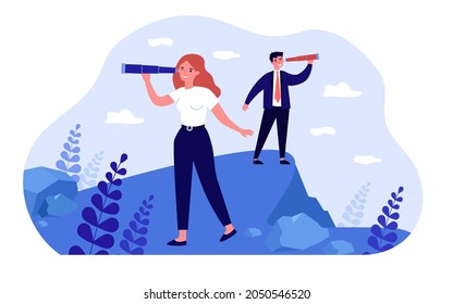 Business people looking ahead through telescope. Man and woman characters standing with spyglass. Successful vision of future, leadership concept for banner, website design or landing web page