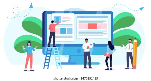 Business people looking at computer screen, modern concept for web banners, infographics, websites. communication of people in search of solutions to problems, use in web-projects and applications