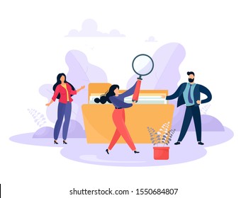 Business people are looking for files. People with a folder and a clerk use a magnifying glass. Cartoon characters in flat style.