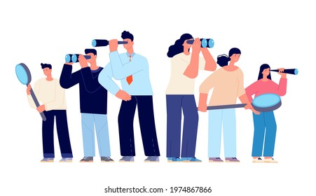 Business people looking success. Corporate person search challenge, man woman with telescope binoculars. Find idea or dream utter vector concept