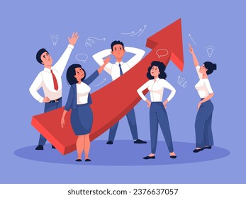 Business people looking up. Happy team looks at growing red schedule, successful startup, staff pointing upwards together, red arrow growth cartoon flat style isolated vector concept