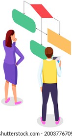 Business people looking at whiteboard with schemes, programmer examining charts and info on board, working with data. Characters discuss while working with statistical graph. Profit sectorized diagram