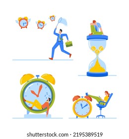 Business People Loosing Time, Procrastination Concept. Busy Businessmen and Businesswomen Sleep on Huge Alarm Clock, Catch Flying Watches, Deadline, Working Productivity. Cartoon Vector Illustration