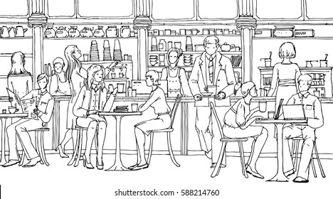 Business People At Lunch Break In Cafe, Talking And Working With Laptops. Doodle Illustration